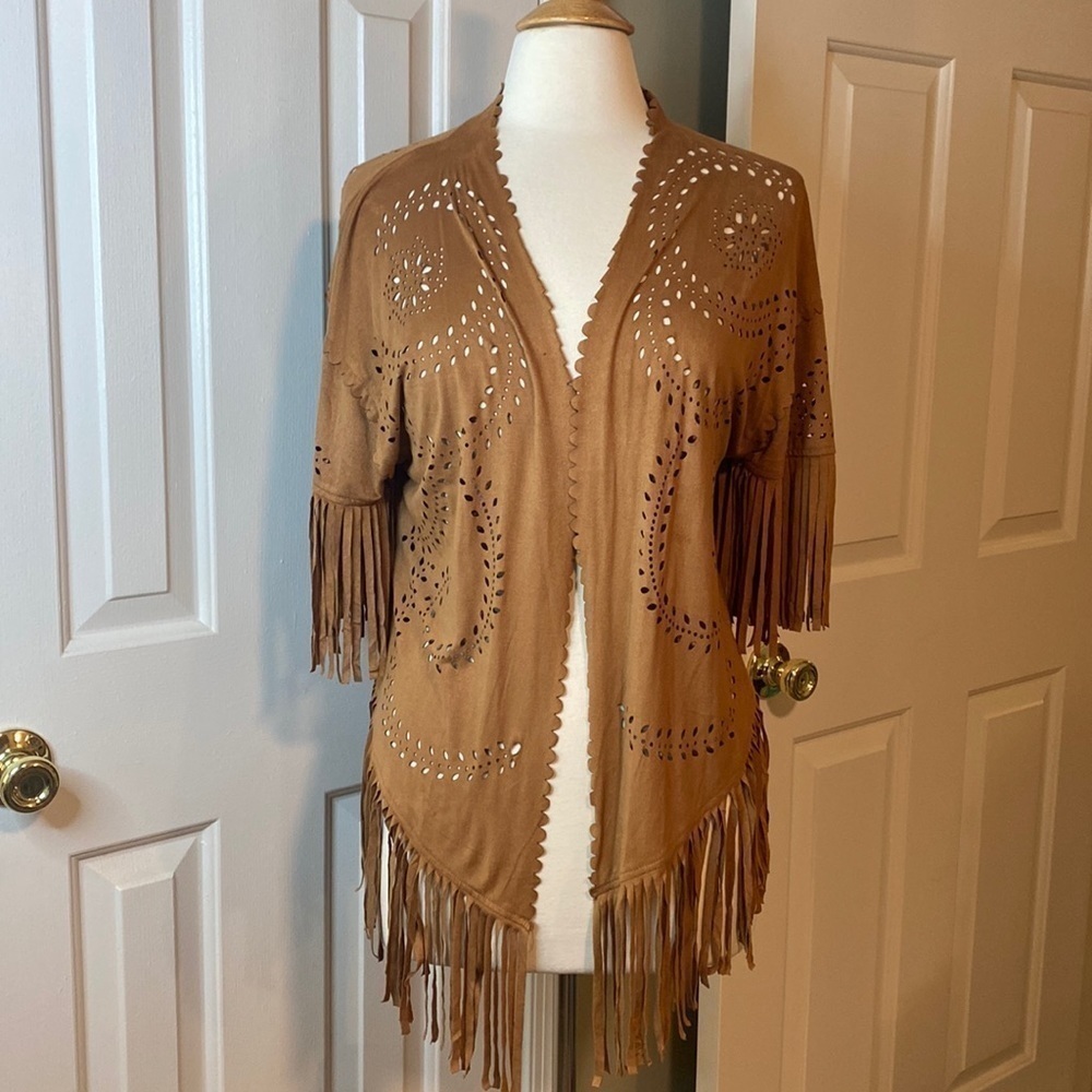 NWT Xhilaration Faux Suede & Fringe Brown Open Front Overlay Size XS/S